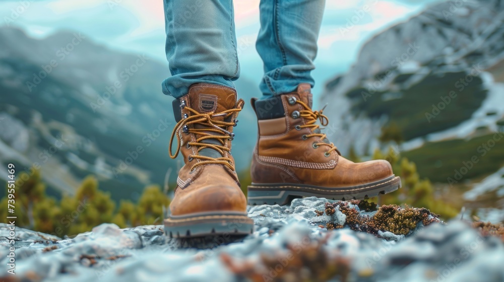 Active Young Man Showcasing Men's Outdoor Lifestyle Boots in Nature Generative AI - obrazy, fototapety, plakaty 