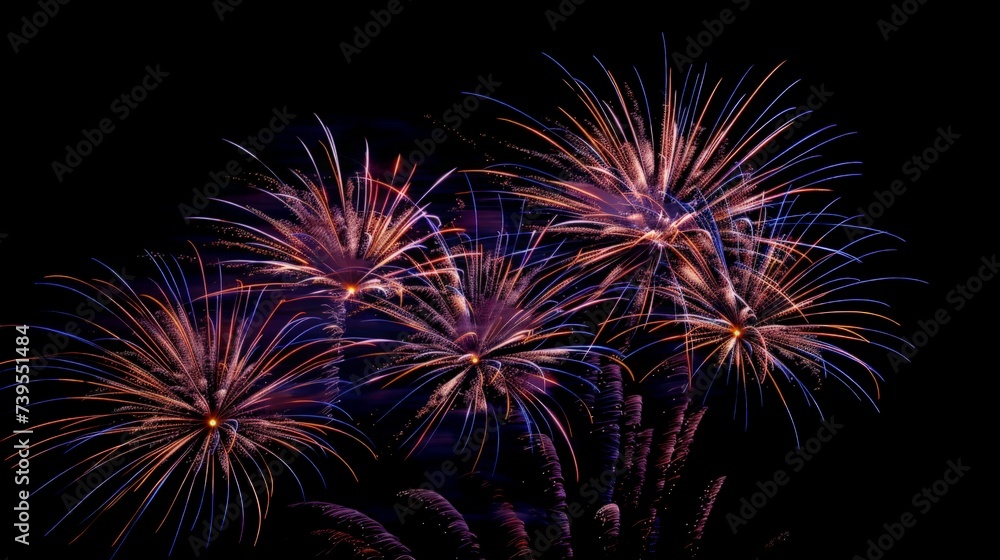 Colorful fireworks. Fireworks are a class of explosive pyrotechnic devices used for aesthetic and entertainment purposes.