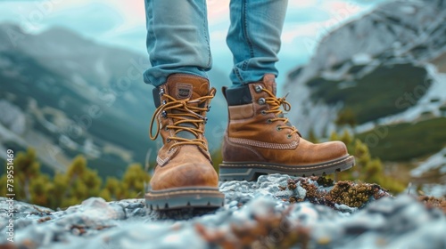 Active Young Man Showcasing Men's Outdoor Lifestyle Boots in Nature Generative AI