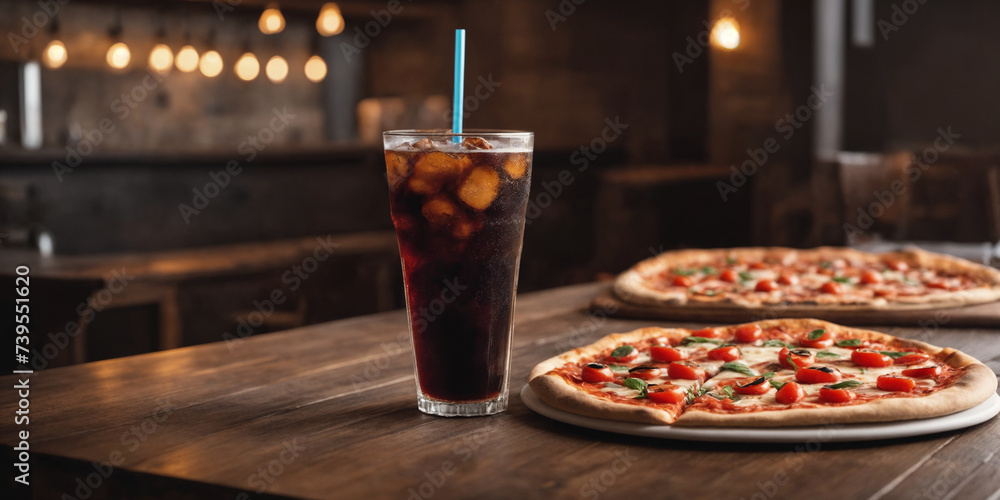 Glass of soft drink and pizza on the table. Generative Ai Glass of soft drink and pizza on the table. Generative Ai