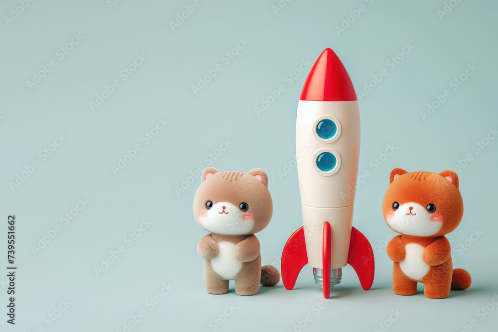 Small, funny kittens prepare a rocket for launch. Space for text. Small, funny kittens prepare a rocket for launch. Space for text.