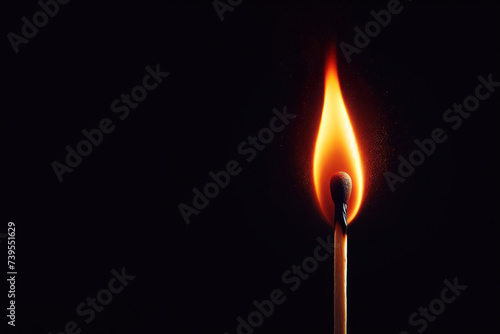 A burning match in the dark. Space for text. photo