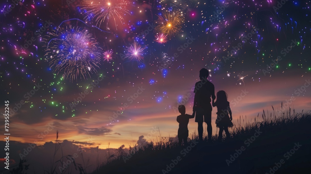 happy family standing on the hill and watching the fireworks