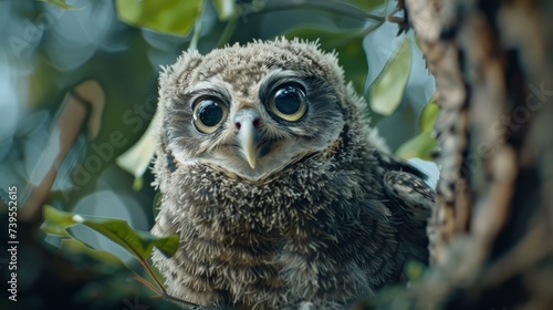 Photo of an Owl in macro photography, high resolution photo of owl cub. The bureaucratic owl, also called field-buckthorn, field owl, owl-owl, buck-owl, photo