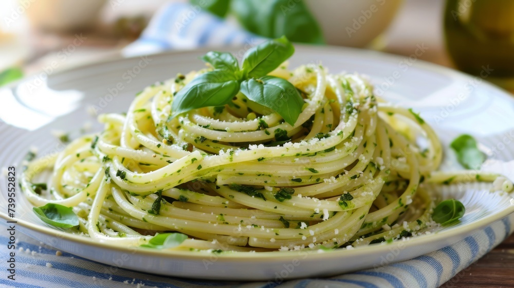 Spaghetti with pesto and basil on a ceramic plate, perfect for Italian cuisine and healthy eating themes.