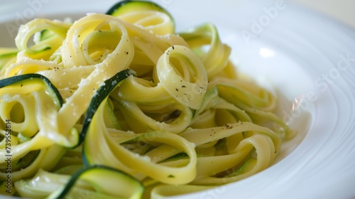 Spaghetti with pesto and basil on a ceramic plate  perfect for Italian cuisine and healthy eating themes.