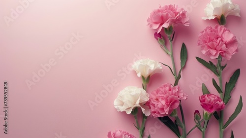 Delicate white and pink carnations with buds on a soft pink background, ideal for gentle, floral themes. © mashimara