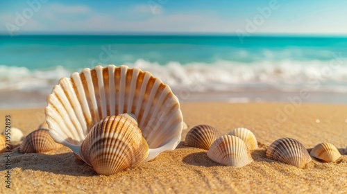 A large scallop shell among smaller shells on a sandy beach, with the ocean in the background. Ideal for summer and marine life themes.