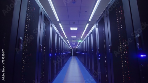 Shot of Corridor in Working Data Center Full of Rack Servers and Supercomputers with High Internet Visualisation Projection.