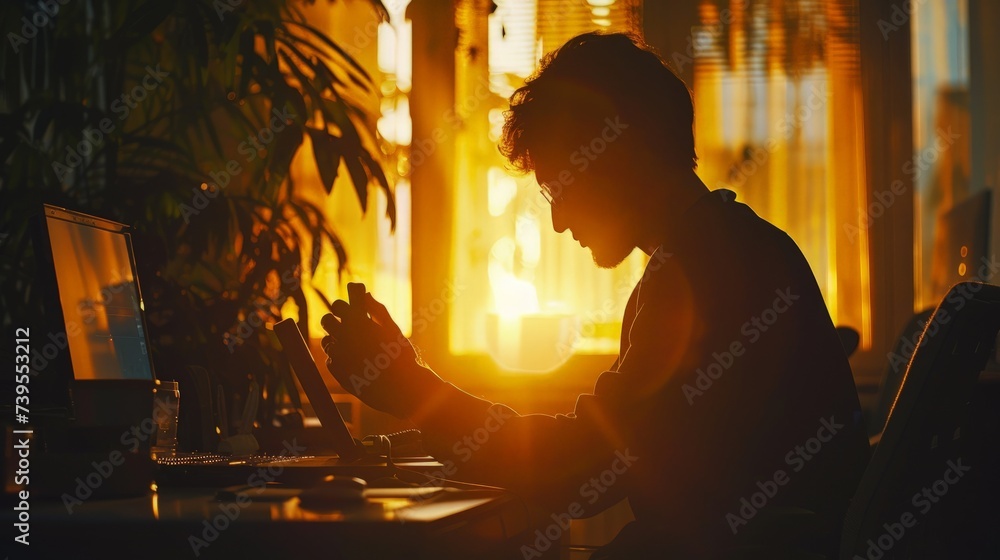 Silhouette of cropped shot of a young man working from home using smart phone and notebook computer, man's hands using smart phone in interior, - obrazy, fototapety, plakaty 