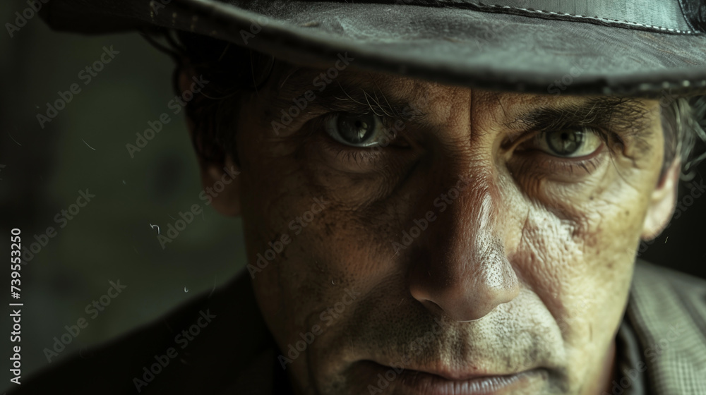 Cinematic close up of a mature man with a hat Cinematic close up of a mature man with a hat