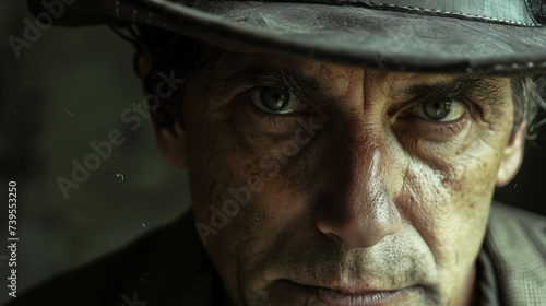 Cinematic close up of a mature man with a hat