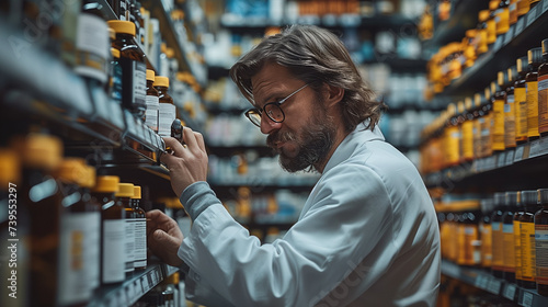 Customer examines retail bottles of medicine in pharmacy