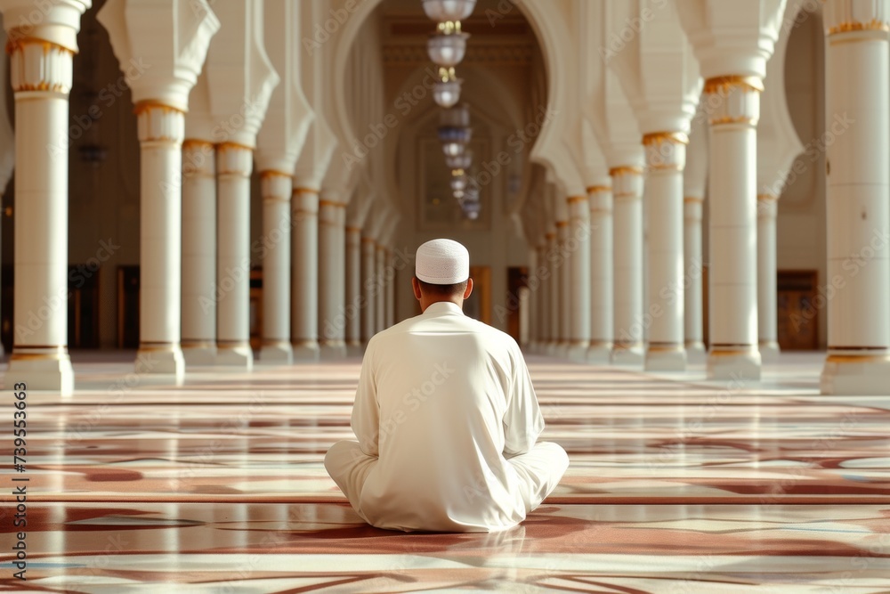 Religious long bearded muslim man praying in mosque. Muslim holy month Ramadan. Hari Raya day, Eid al Fitr celebration. Islamic religion concept. For banner, greeting card with copy space Religious long bearded muslim man praying in mosque. Muslim holy month Ramadan. Hari Raya day, Eid al Fitr celebration. Islamic religion concept. For banner, greeting card with copy space