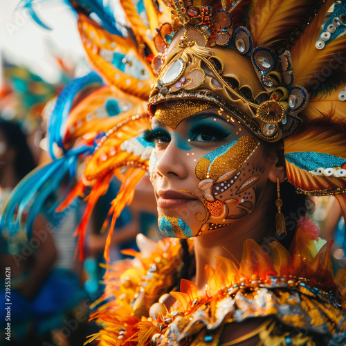 Carnival Reveler in Elaborate Costume Celebrating at Rio de Janeiro Festival © HustlePlayground