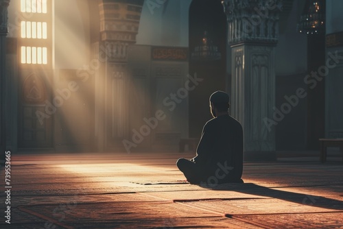 Religious long bearded muslim man praying in mosque. Muslim holy month Ramadan. Hari Raya day, Eid al Fitr celebration. Islamic religion concept. For banner, greeting card with copy space photo