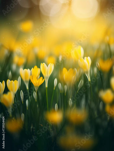 Yellow spring flowers on a blurred grass. Ai generative soft photography in pastel tones with copyspace perfect for poster, cover or seasonal advertising