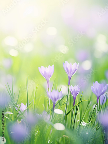 Lilac spring flowers on a blurred grass background. Ai generative soft photography in pastel tones with copyspace perfect for poster, cover or seasonal advertising