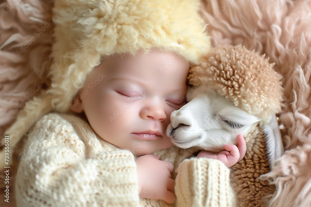 A cute baby in a white knitted outfit is sleeping and hugging a small beige lama on a soft peach fuzz background. Used for infant and animal bonds and wool use. A cute baby in a white knitted outfit is sleeping and hugging a small beige lama on a soft peach fuzz background. Used for infant and animal bonds and wool use.