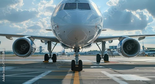 A commercial airplane stands ready for takeoff at the airport, prepared for a passenger flight. The aircraft is parked at the aerodrome, captured in a close-up view, depicting a business jet trip photo