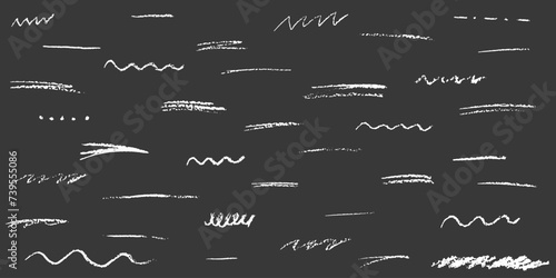 White charcoal crayon underlines set. Doodle lines with grunge pastel texture. Hand drawn chalk scribbles. Vector elements isolated on a black background photo