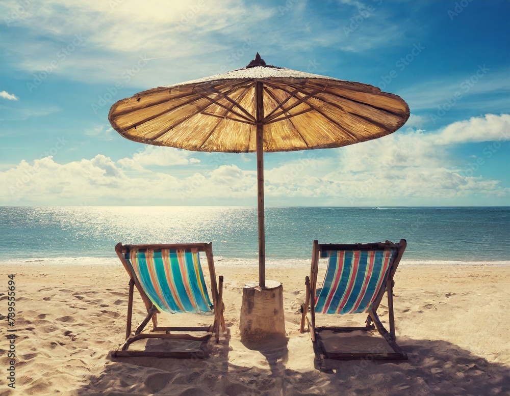 Beach with two chairs and a vintage style umbrella vacation time concept