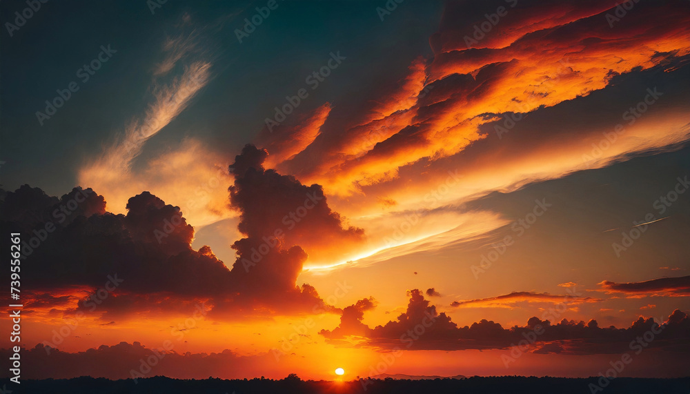 Beautiful sunset sky above the fluffy clouds illuminated in vibrant orange hues. Natural summer cloudscape