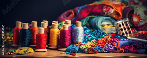 colored bright fabric. detail of sewing color material like fabric, cotton, spool of thread. photo