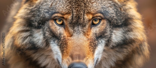 Intense close up portrait of a fierce wolf with piercing eyes in the wild photo