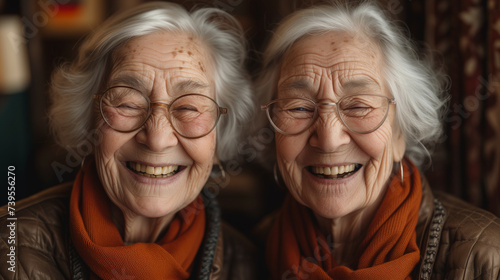 Two identical twin grandmothers. Older sisters having a good laugh.
