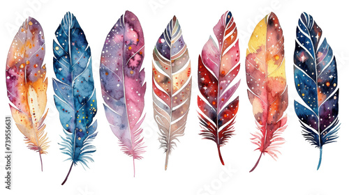 A collection of vibrant, watercolor feathers with cosmic and floral patterns, representing artistic creativity or spiritual themes. photo