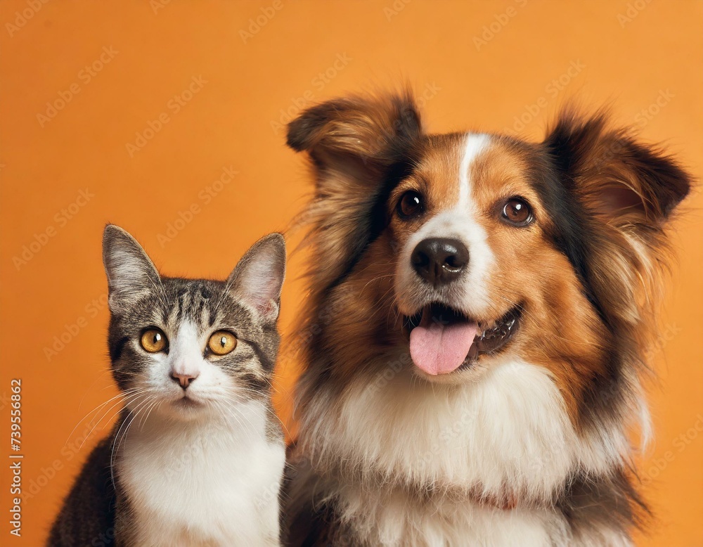 dog and cat as the best friends on solid colorful background, friendship between dogs and cats, home pets