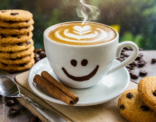 smiley on a cafe latte, fresh cofe in the morning on the table with some cookies photo