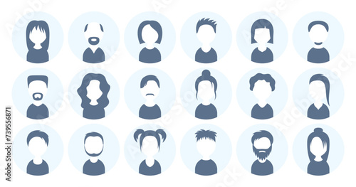 Placeholder with male and female avatars. Vector round default user portrait.