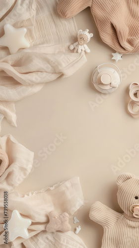 Flat lay with newborn baby beige sleep accessories with pacifier over beige background, pastel colors, pajamas and toys, template copy space in center. Content for products for children. Vertical