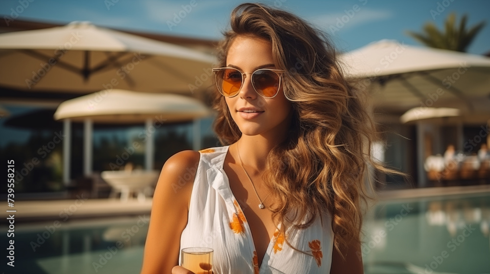 Woman wearing sunglasses vacation model vacation lifestyle relax journey. Beautiful women relaxing at the luxury poolside. Girl at travel spa resort pool. Summer luxury vacation.