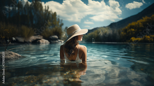 young woman in big hat taking sunbath at swimming pool poolside blue water © Cristina