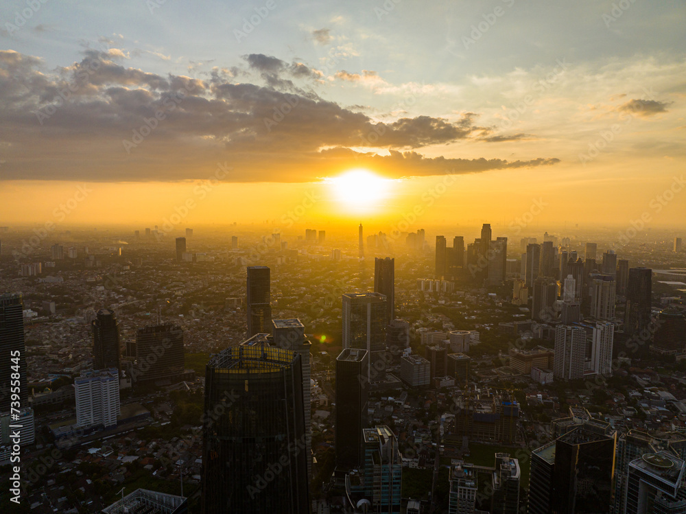 Jakarta city and skyscrapers at sunset. Urban landscape. Indonesia.