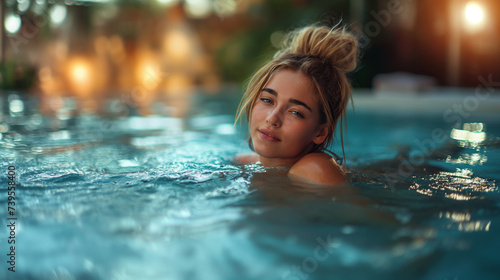 pretty woman Swimming in the pool nature relaxation luxury tan. 