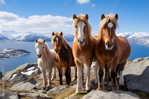 Tranquil Scenes - Fjord Horses Grazing Against Norwegian Landscape