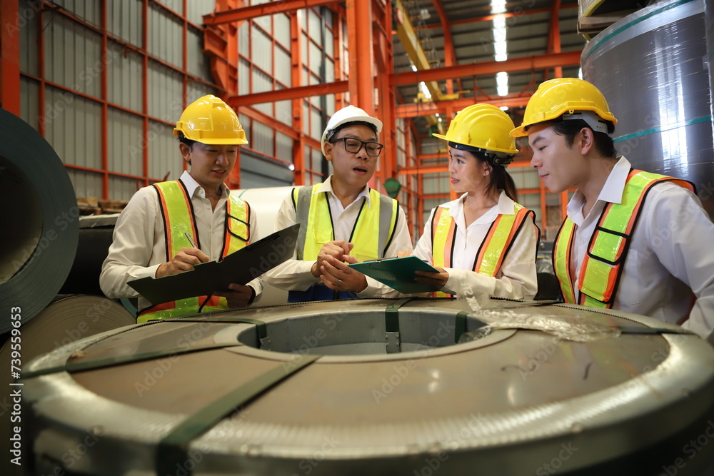 worker or engineer working in factory with safety uniform , safety hat and safety glasses , image is safety concept or happy workplace worker or engineer working in factory with safety uniform , safety hat and safety glasses , image is safety concept or happy workplace