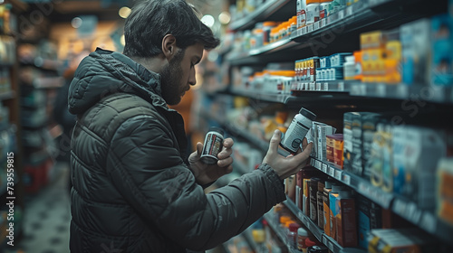 a man is looking at a bottle of pills in a grocery store