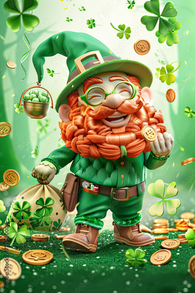 Leprechaun with gold coins and clover. St. Patrick's Day.