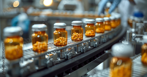 Conveyor belt with pill bottles at pharmaceutical factory