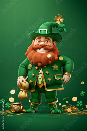 Leprechaun with gold coins and pot of gold on a green background. St. Patrick's Day.