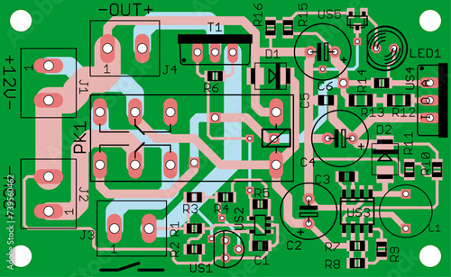 Vector printed circuit board of electronic 
device with components of radio elements, 
conductors and contact pads placed on it. 
Engineering technical drawing. Pcb template.
Electric background.