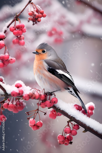 Close up photo of bird sitting on branch with red berries in snow. Bullfinch, Robin, Redstart on a ashberry, hawthorn berries, rowan tree branch in cold frost. Life of wild birds in winter concept. © Irina