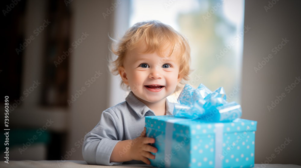 Portrait of a toddler with blue eyes with gift box Portrait of a toddler with blue eyes with gift box