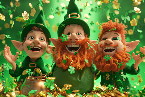 Three leprechauns with a bag of gold coins on green background. St. Patrick s Day.