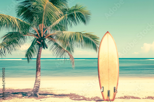 Surfboard in contrast on the beach and palm tree 